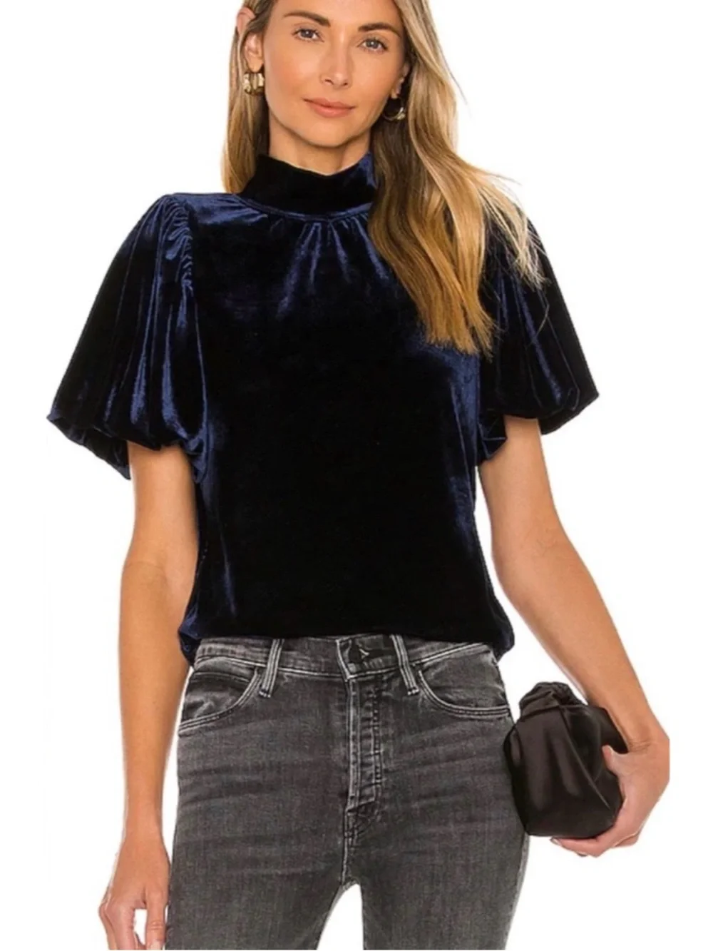 Free People Claudia Velvet Puff Sleeve Top Blouse Outerspace Blue Large
